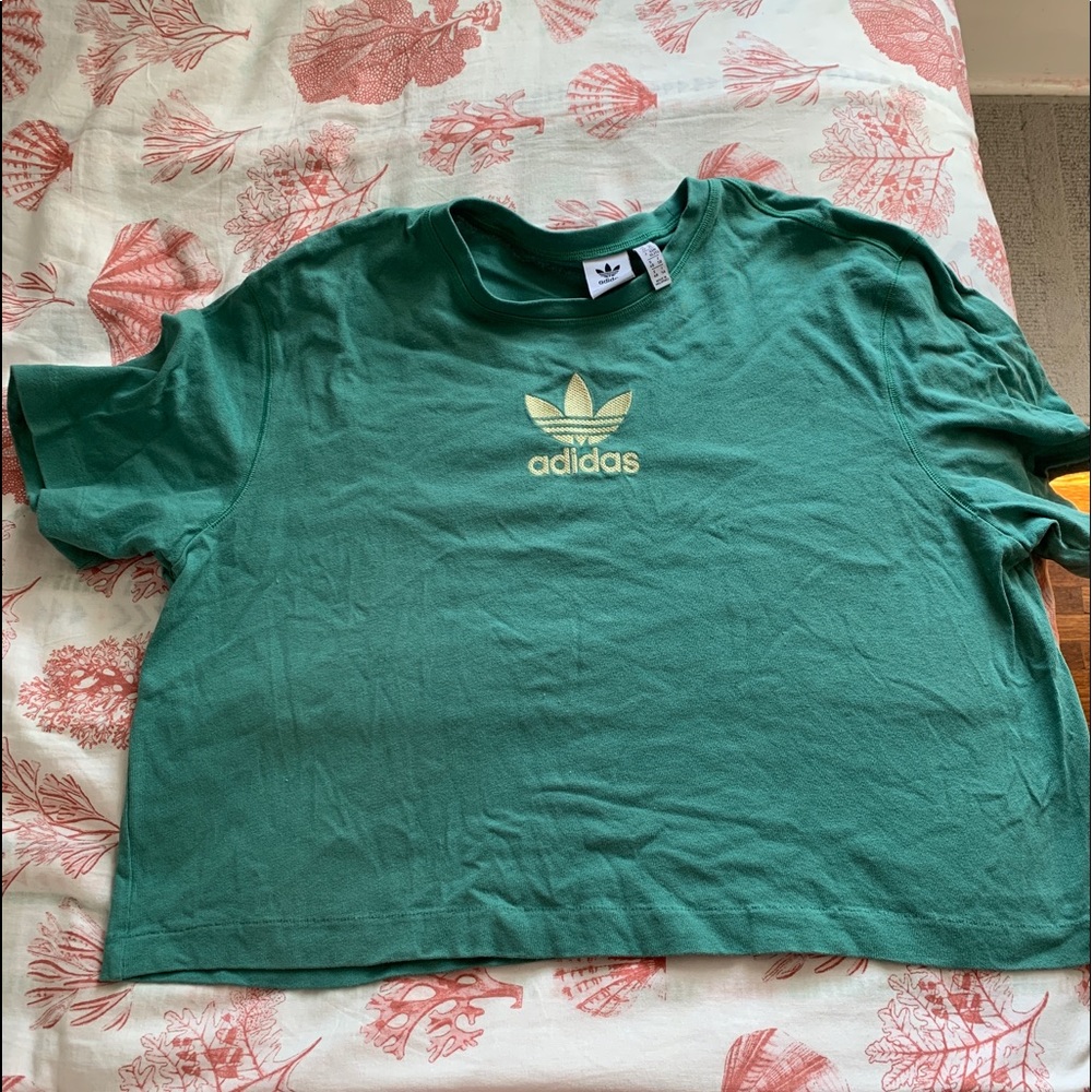 Adidas cropped teal trefoil tee